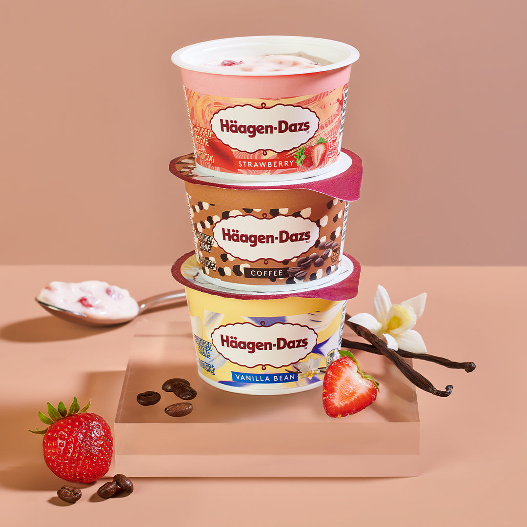 Häagen-Dazs Cultured Crème Strawberry, Coffee, Vanilla Bean stacked